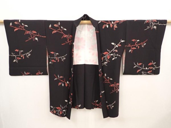 Photo5: 6617T06z650 Vintage Japanese Kimono Silk HAORI Leaf Black (5)