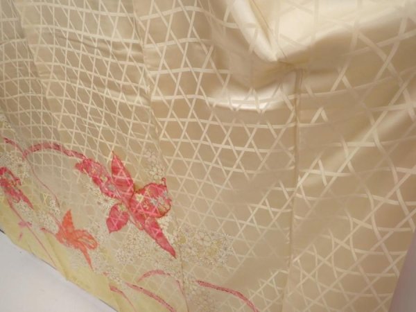 Photo4: 6617T07z900 Vintage Japanese Kimono Silk FURISODE Flowers Light cream (4)