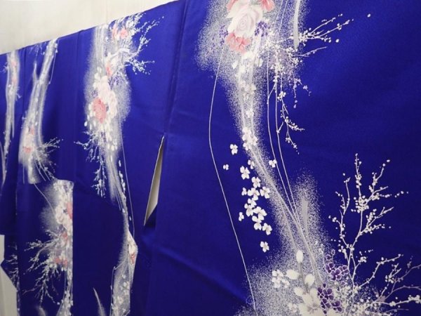 Photo2: 6617T09z960  Japanese Kimono Silk KOMON Rose Dark lavender blue (2)