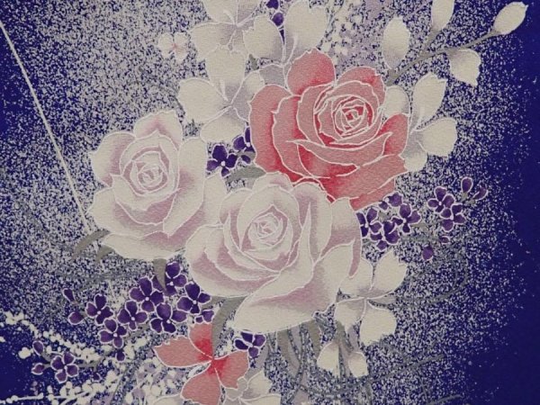 Photo6: 6617T09z960  Japanese Kimono Silk KOMON Rose Dark lavender blue (6)