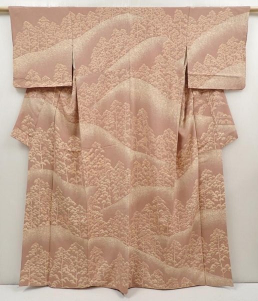 Photo1: 6617T10z1020 Vintage Japanese Kimono Silk HOUMONGI Mountain Light brown (1)
