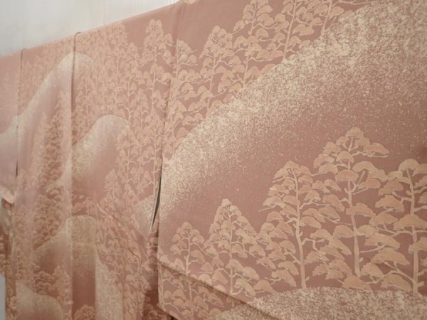 Photo2: 6617T10z1020 Vintage Japanese Kimono Silk HOUMONGI Mountain Light brown (2)