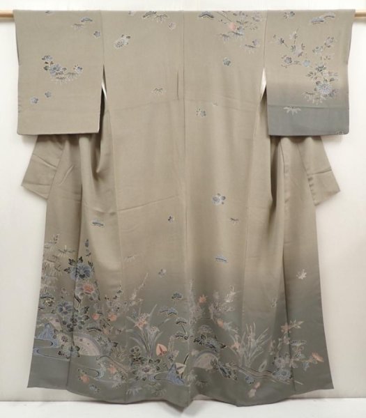 Photo1: 6617T11z1130  Japanese Kimono Crepe Silk TSUKESAGE Flowers Green-Gray (1)