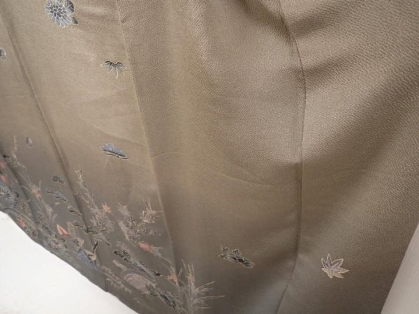 Photo4: 6617T11z1130  Japanese Kimono Crepe Silk TSUKESAGE Flowers Green-Gray (4)