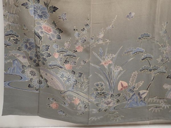 Photo6: 6617T11z1130  Japanese Kimono Crepe Silk TSUKESAGE Flowers Green-Gray (6)