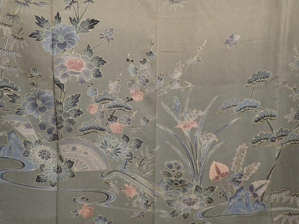 Photo8: 6617T11z1130  Japanese Kimono Crepe Silk TSUKESAGE Flowers Green-Gray (8)