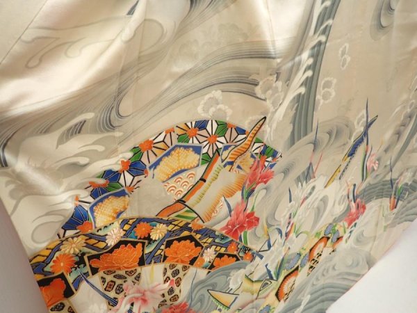 Photo3: 6617T12z1150 Vintage Japanese Kimono Silk FURISODE Katawaguruma  Off-white (3)