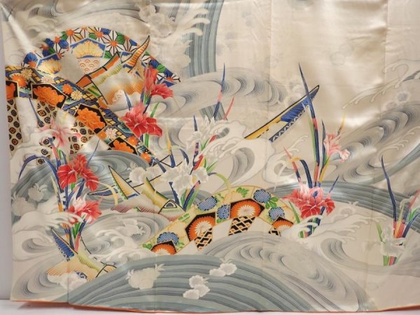 Photo5: 6617T12z1150 Vintage Japanese Kimono Silk FURISODE Katawaguruma  Off-white (5)