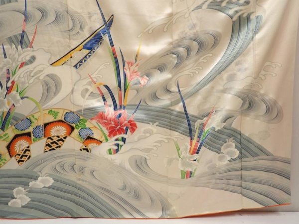 Photo7: 6617T12z1150 Vintage Japanese Kimono Silk FURISODE Katawaguruma  Off-white (7)