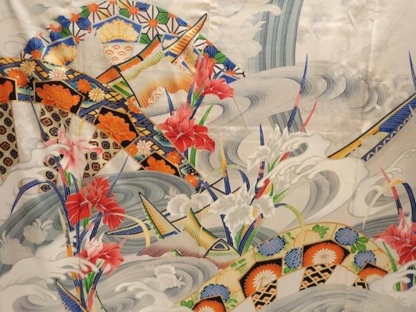 Photo8: 6617T12z1150 Vintage Japanese Kimono Silk FURISODE Katawaguruma  Off-white (8)