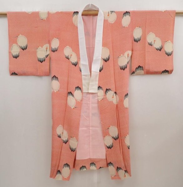 Photo7: 6618T01z450 Vintage Japanese Kimono Silk JUBAN Crane Red (7)