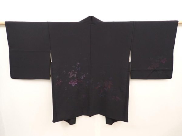 Photo1: 6618T03z540 Vintage Japanese Kimono Silk HAORI Leaf Black (1)