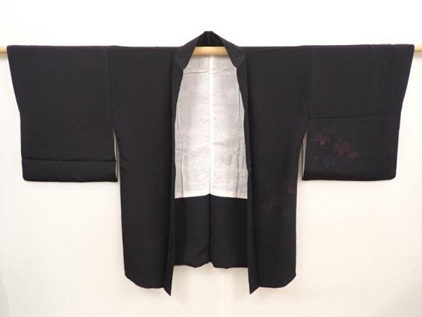 Photo5: 6618T03z540 Vintage Japanese Kimono Silk HAORI Leaf Black (5)
