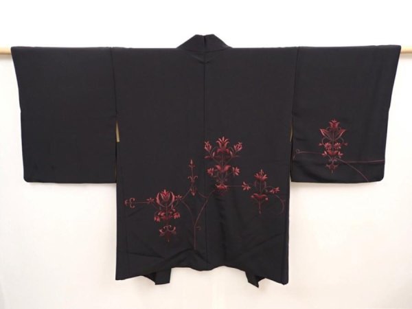 Photo1: 6618T04z610 Vintage Japanese Kimono Silk HAORI  Black Embro (1)