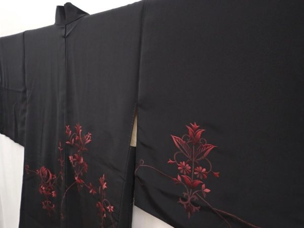 Photo2: 6618T04z610 Vintage Japanese Kimono Silk HAORI  Black Embro (2)