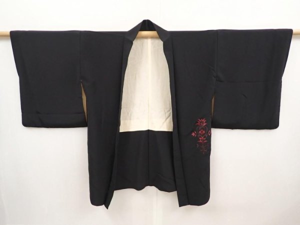 Photo5: 6618T04z610 Vintage Japanese Kimono Silk HAORI  Black Embro (5)