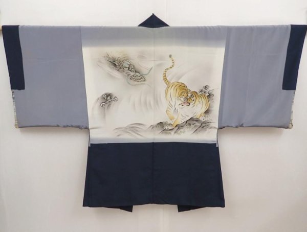 Photo1: 6618T05z590 Vintage Japanese Kimono Silk Men's HAORI Tiger Navy (1)