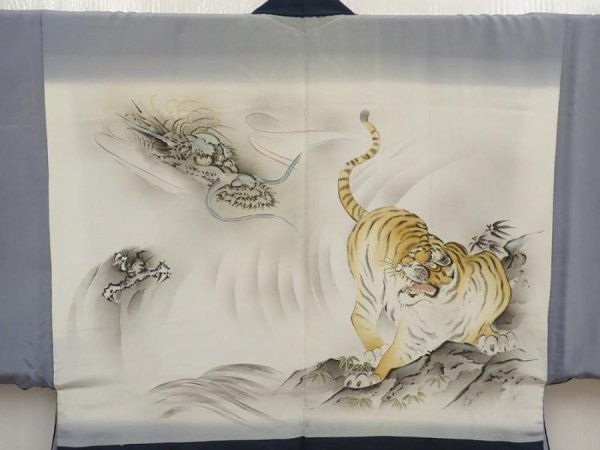 Photo3: 6618T05z590 Vintage Japanese Kimono Silk Men's HAORI Tiger Navy (3)