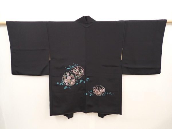 Photo1: 6618T07z540 Vintage Japanese Kimono Silk HAORI Yukiwa Black (1)
