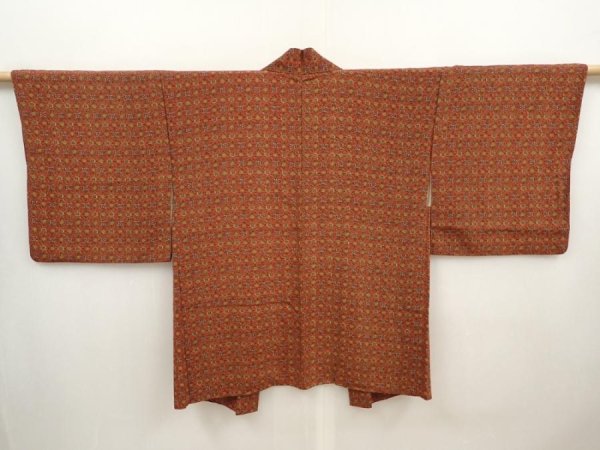 Photo1: 6618T08z450 Vintage Japanese Kimono Silk HAORI Flowers Red-Brown (1)