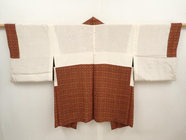 Photo6: 6618T08z450 Vintage Japanese Kimono Silk HAORI Flowers Red-Brown (6)
