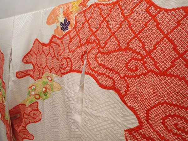Photo2: 6618T09z990 Vintage Japanese Kimono Silk FURISODE Peony Off-white (2)