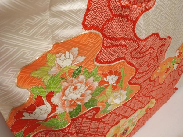 Photo3: 6618T09z990 Vintage Japanese Kimono Silk FURISODE Peony Off-white (3)