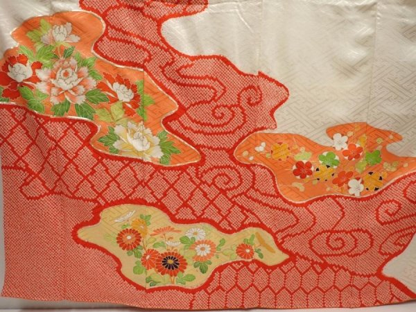 Photo5: 6618T09z990 Vintage Japanese Kimono Silk FURISODE Peony Off-white (5)