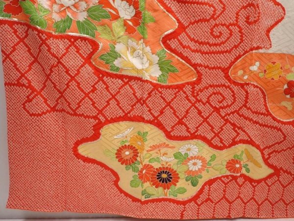 Photo6: 6618T09z990 Vintage Japanese Kimono Silk FURISODE Peony Off-white (6)