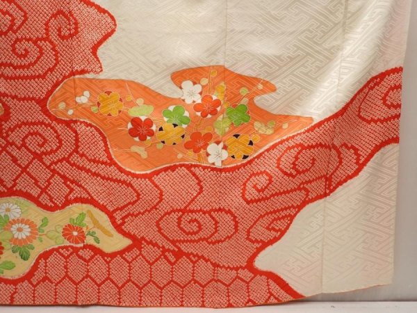Photo7: 6618T09z990 Vintage Japanese Kimono Silk FURISODE Peony Off-white (7)