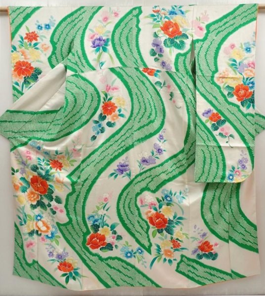 Photo1: 6618T10z1010 Vintage Japanese Kimono Silk FURISODE Flowers Off-white (1)