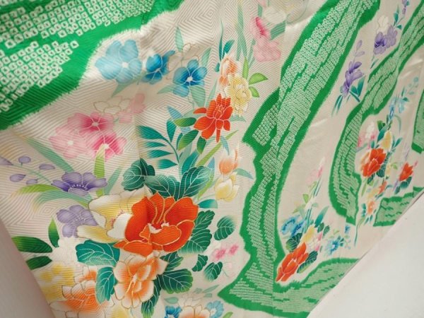 Photo3: 6618T10z1010 Vintage Japanese Kimono Silk FURISODE Flowers Off-white (3)
