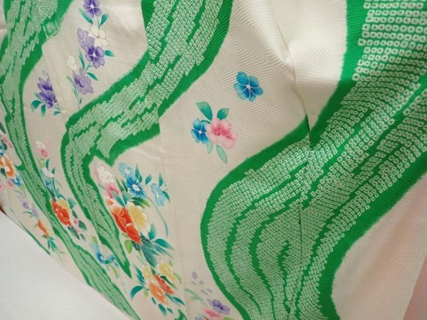 Photo4: 6618T10z1010 Vintage Japanese Kimono Silk FURISODE Flowers Off-white (4)