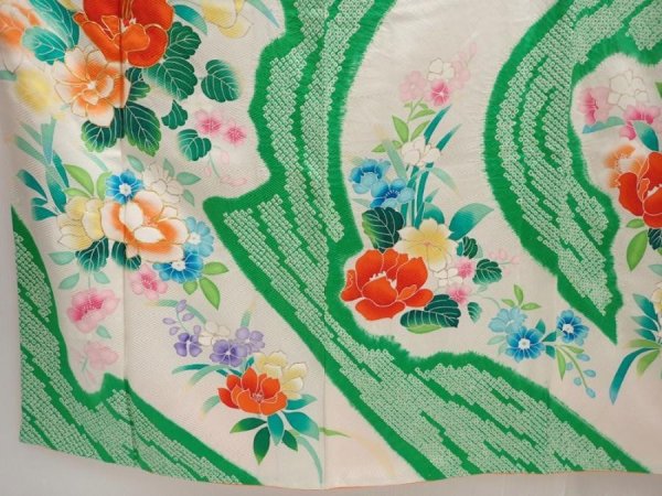 Photo6: 6618T10z1010 Vintage Japanese Kimono Silk FURISODE Flowers Off-white (6)