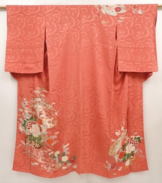 Photo1: 6618T12z430 Antique Japanese Kimono Silk TSUKESAGE Flower cart Coral pink (1)