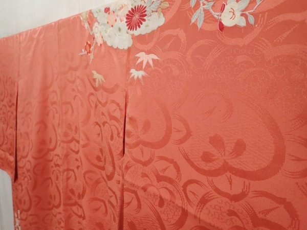 Photo2: 6618T12z430 Antique Japanese Kimono Silk TSUKESAGE Flower cart Coral pink (2)