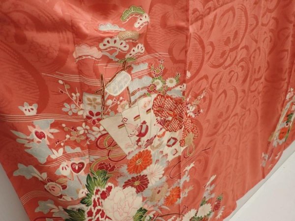Photo3: 6618T12z430 Antique Japanese Kimono Silk TSUKESAGE Flower cart Coral pink (3)