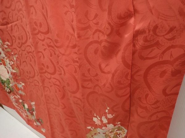 Photo4: 6618T12z430 Antique Japanese Kimono Silk TSUKESAGE Flower cart Coral pink (4)