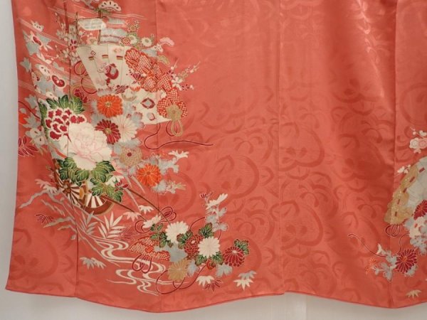 Photo5: 6618T12z430 Antique Japanese Kimono Silk TSUKESAGE Flower cart Coral pink (5)