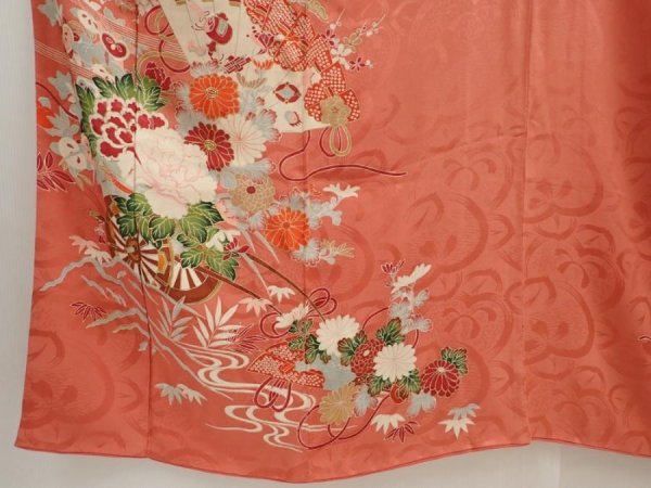 Photo6: 6618T12z430 Antique Japanese Kimono Silk TSUKESAGE Flower cart Coral pink (6)
