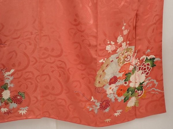 Photo7: 6618T12z430 Antique Japanese Kimono Silk TSUKESAGE Flower cart Coral pink (7)