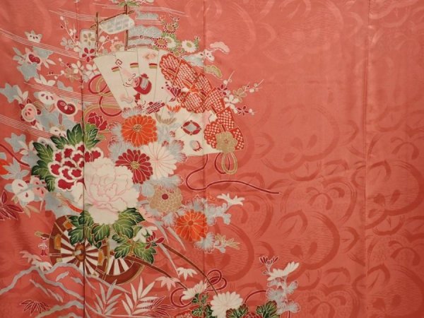 Photo8: 6618T12z430 Antique Japanese Kimono Silk TSUKESAGE Flower cart Coral pink (8)