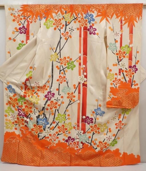Photo1: 6618T13z1080 Vintage Japanese Kimono Silk FURISODE Bamboo Orangered (1)