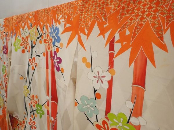 Photo2: 6618T13z1080 Vintage Japanese Kimono Silk FURISODE Bamboo Orangered (2)
