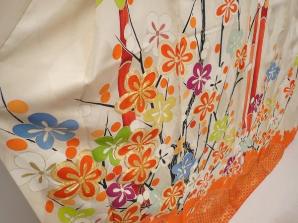 Photo3: 6618T13z1080 Vintage Japanese Kimono Silk FURISODE Bamboo Orangered (3)