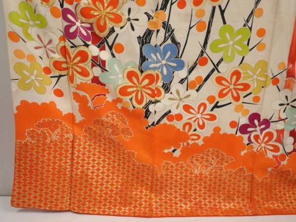 Photo6: 6618T13z1080 Vintage Japanese Kimono Silk FURISODE Bamboo Orangered (6)