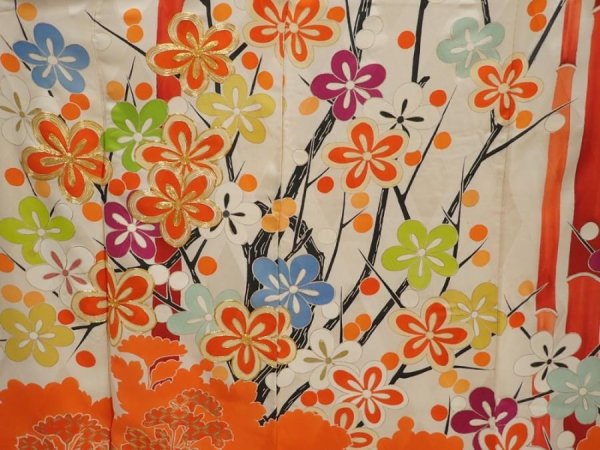 Photo8: 6618T13z1080 Vintage Japanese Kimono Silk FURISODE Bamboo Orangered (8)
