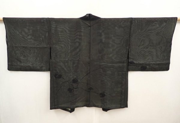 Photo1: 6619T01z320 Vintage Japanese Kimono Silk See through HAORI Flower Black (1)