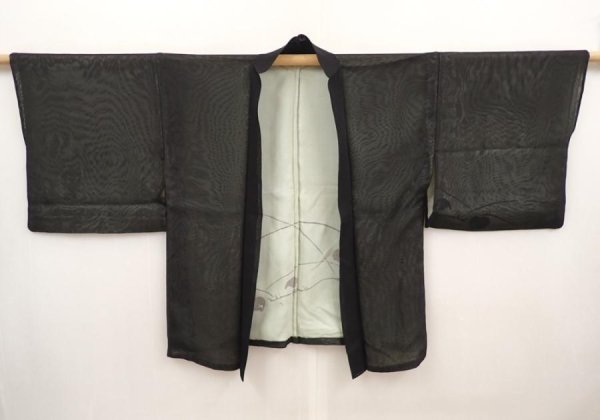 Photo5: 6619T01z320 Vintage Japanese Kimono Silk See through HAORI Flower Black (5)