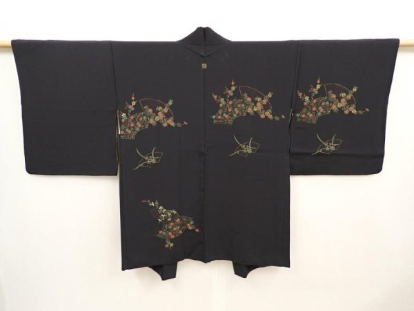 Photo1: 6619T03z580 Vintage Japanese Kimono Silk HAORI Jigami Black (1)